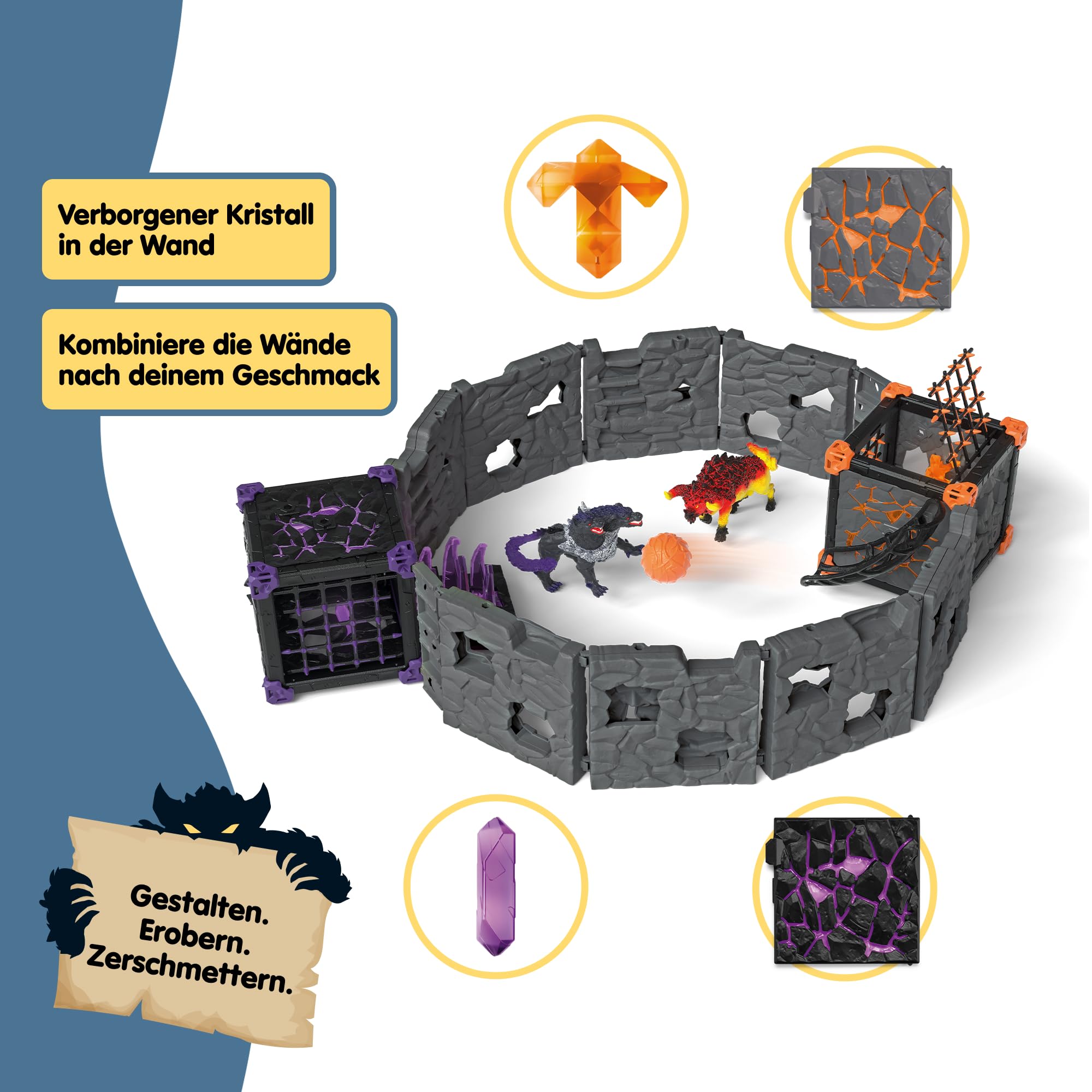 Schleich ELDRADOR | Battle CAVE Arena: Lava vs. Schatten 42673 | 71 Teile | Set aus 2 x ELDRADOR Battle Cave, 2 x Monster und 2 x Kristall | Caves zur Arena stapelbar | Spielzeug ab 7 Jahren