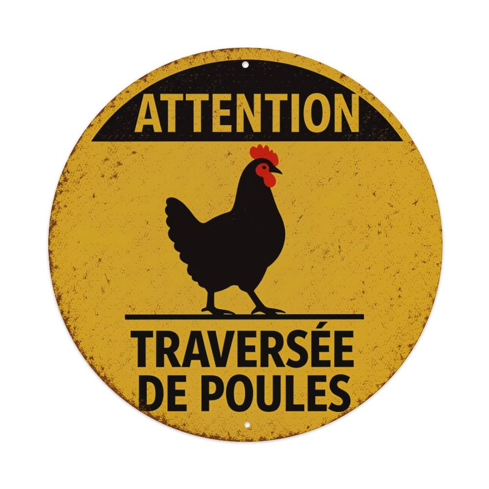 Attention Chicken Crossing Sign Round Tin Sign Retro Metal Sign for Cafe Bar Pub Home Game Room Gym Club Wall Decoration Vintage Metal Poster 8x8 Inch