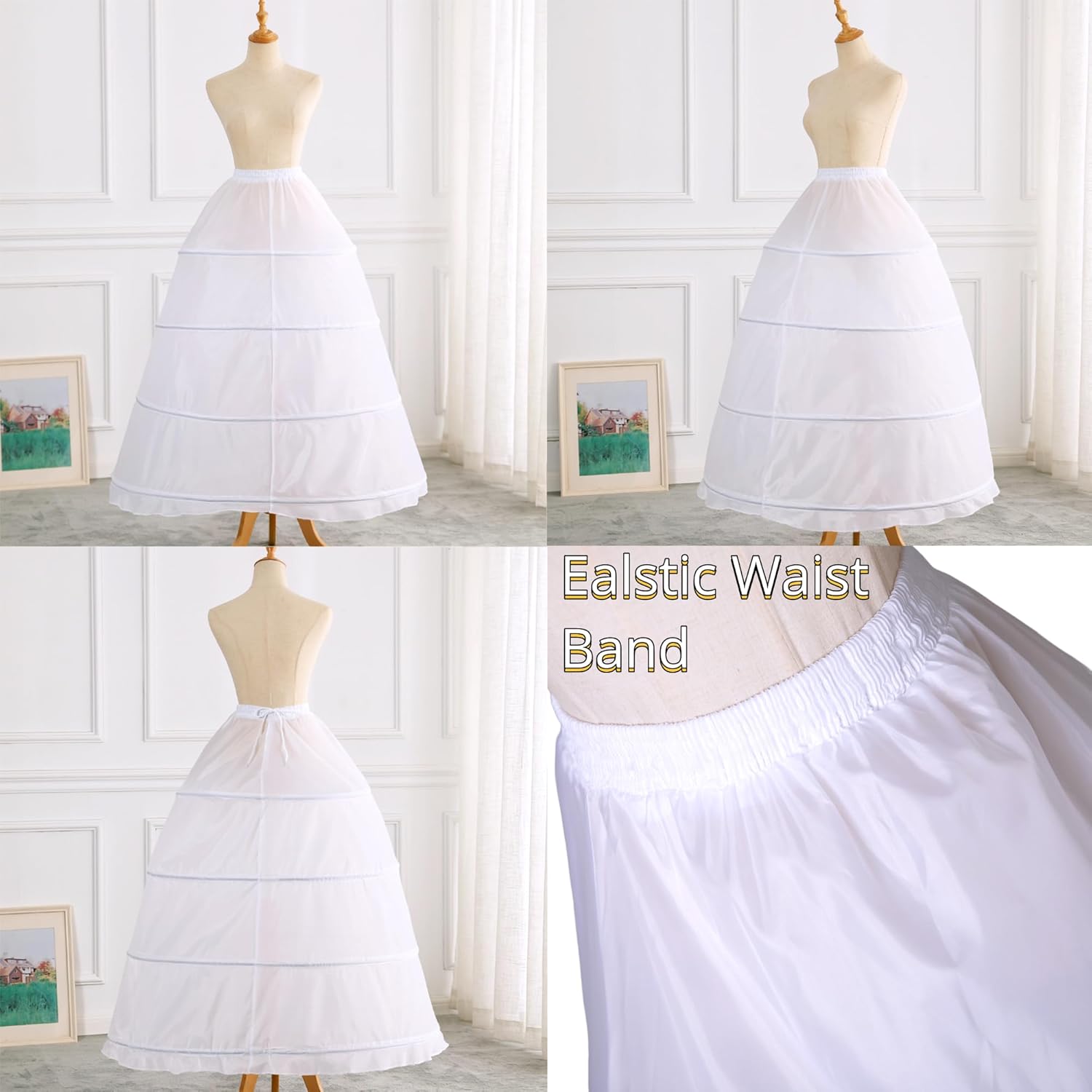 LSSAWZH Women 4 Hoop Crinoline Petticoat A-Line Underskirt, Floor Length Petticoat Slip for Ball Gown, Wedding Bridal Dress - Image 4