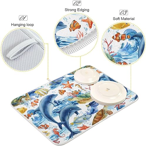 Miniatura 4 de Marine Fish Seahorse Turtles Drying Dish Mat Kitchen Counter Mat Dish Rack Matt Tapete Para Cocina 16'' x 18''