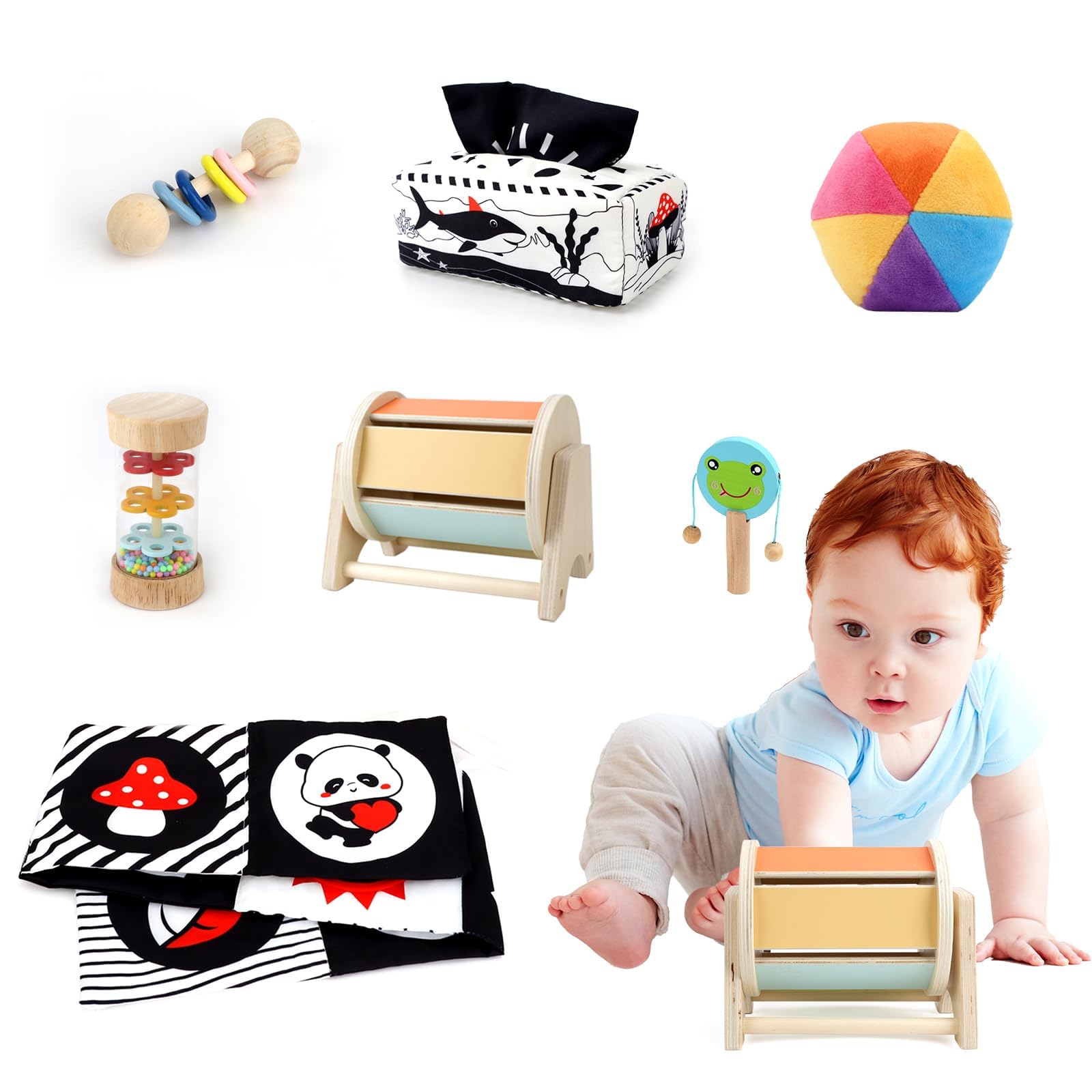 Dulsaera Montessori Toys 7 in 1 Learning Educational Set Newborn Toys, Rainbow Ball, Baby Black and White Books, Tissue Box Toy, Spinning Drum, Rattle