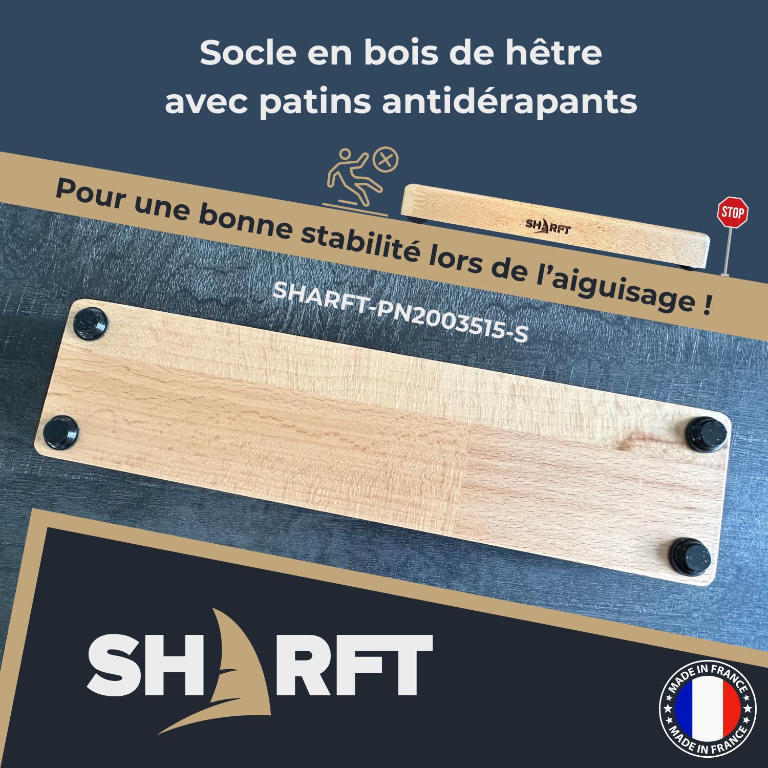 SHARFT, Pierre a aiguiser naturelle des Pyrénées 800/1000 + socle en bois. Pierre à aiguiser 2 grains 200mm. Affuteur de couteaux de cuisine, etc... Aiguiseur couteaux professionnel. MADE IN FRANCE.
