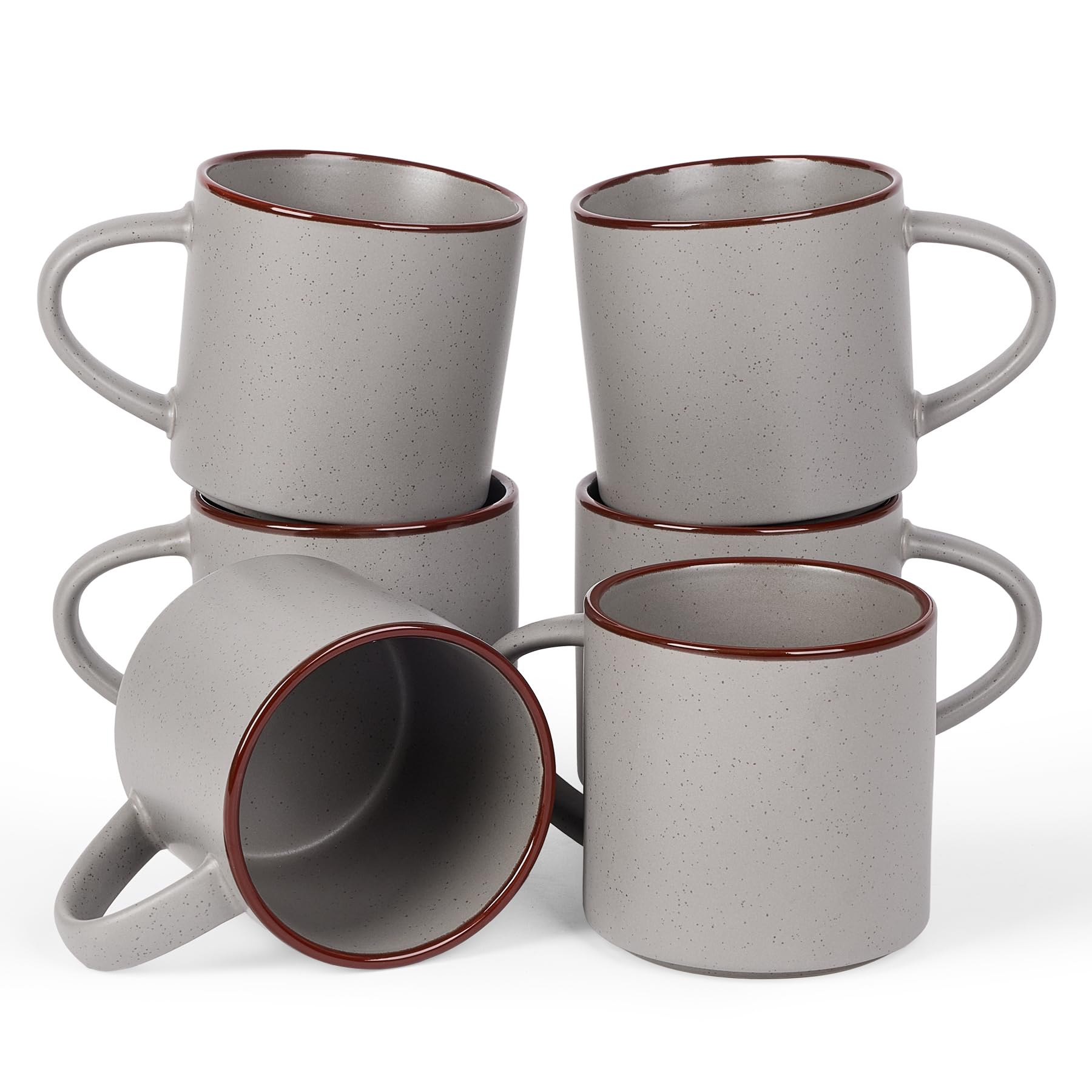 Richmount Halo Coffee Mugs Sets of 6, 13oz/370ml Stoneware Tea Cups with Large Handle and Burgundy Trim for Latte/Cappuccino/Milk/Cocoa/Tea, Microwave & Dishwasher Safe, Dark Grey