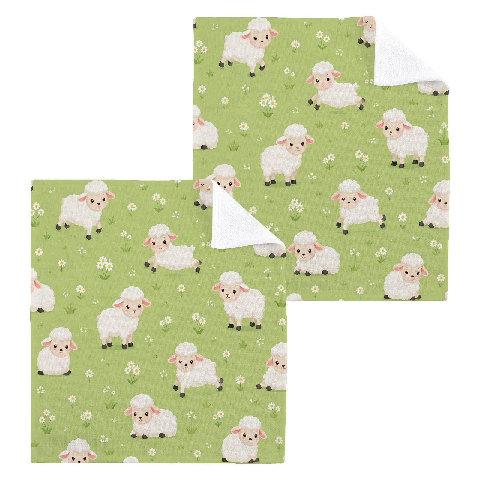 BOESI Meadow Sheep 12x12in Cotton Washcloth,Soft Absorbent Face Towel