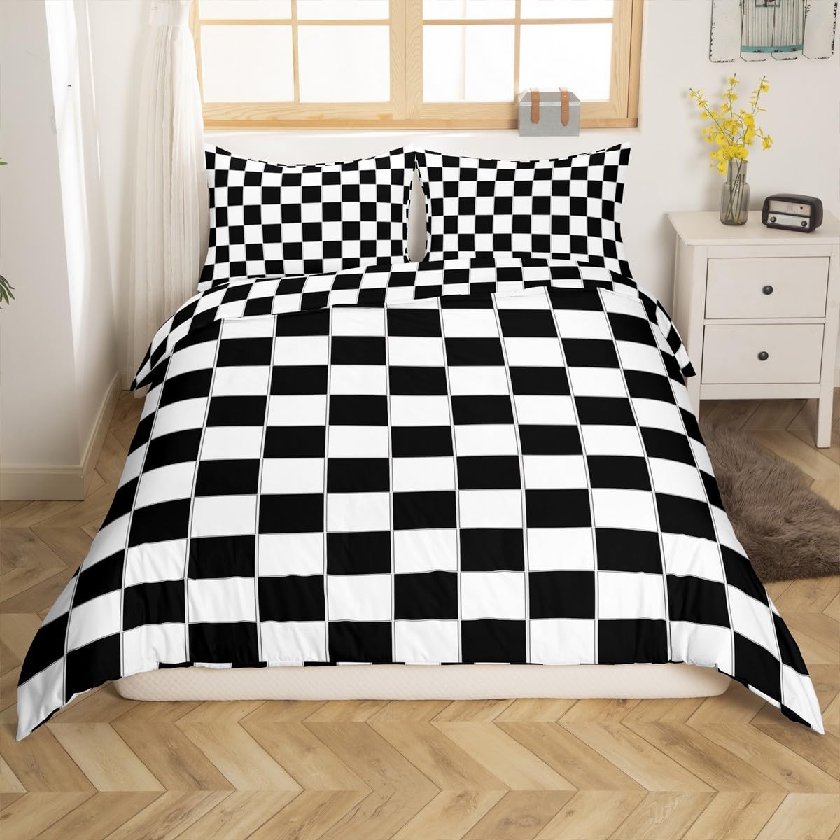 Buffalo Check Black And White Plaid Duvet Cover Set Single Kids Boys Reversible Geometric Gingham Decor Comforter Cover Farmhouse Nordic Style Grid Pattern Bedding Women Men Luxury Soft Breathable - Image 2