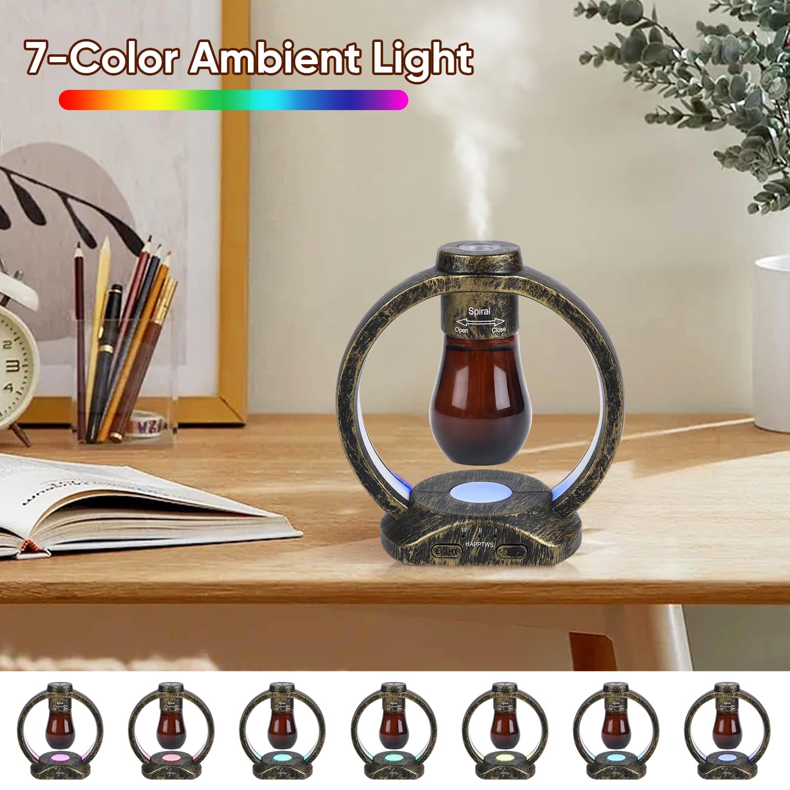 HAPPTWS Essential Oil Diffuser Set- Diffuser 3 Timer Settings Battery Powered Cordless Setup 7 Color LED Lights for Bedroom Yoga Room Toilet Pet Room - Coppery
