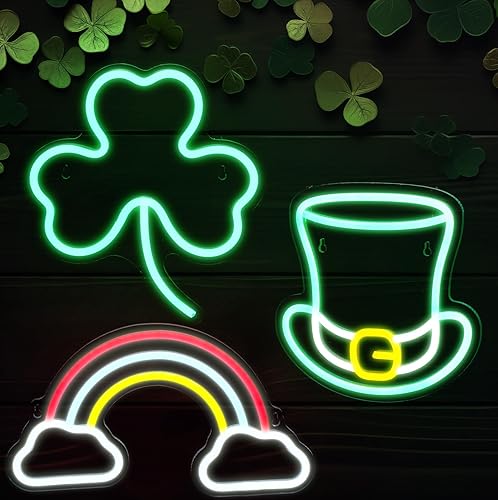 ROCEEI 3 letreros de neón del día de San Patricio con luces LED de neón para festivales alimentados por USB, sombrero de trébol en forma de arco