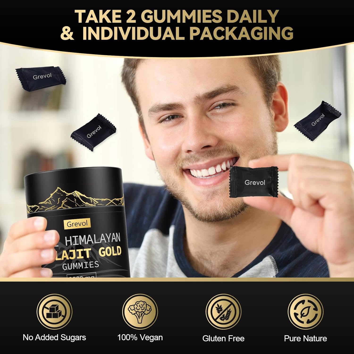 Himalayan Shilajit Gummies: Gold Grade Shilajit Riched with Ashwagandha Fulvic Acid & 85+ Trace Minerals - No Added Sugar - Individually Wrapped - for Men & Women - 60 Gummy - Image 5