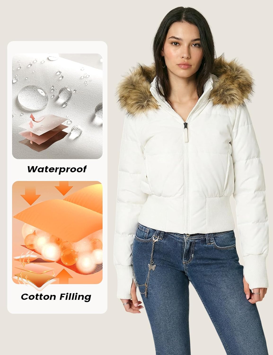 Gihuo Womens Cropped Puffer Jacket Winter Warm Quilted Jacket Short Faux Fur Trim Hooded Puffer Coat - Image 4