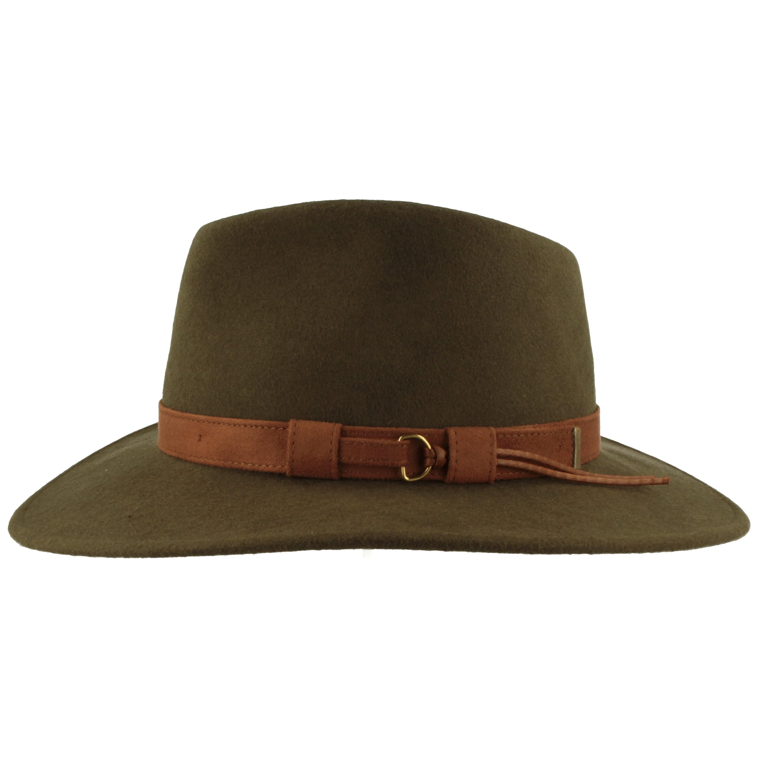 Breiter Rollbarer Outdoor Filz-Hut Trekking-Hut Wollhut 100% Wolle – Wasserabweisend & Faltbar – Kunstleder & Huteinlagen - Herren & Damen, Oliv - Fransen 61