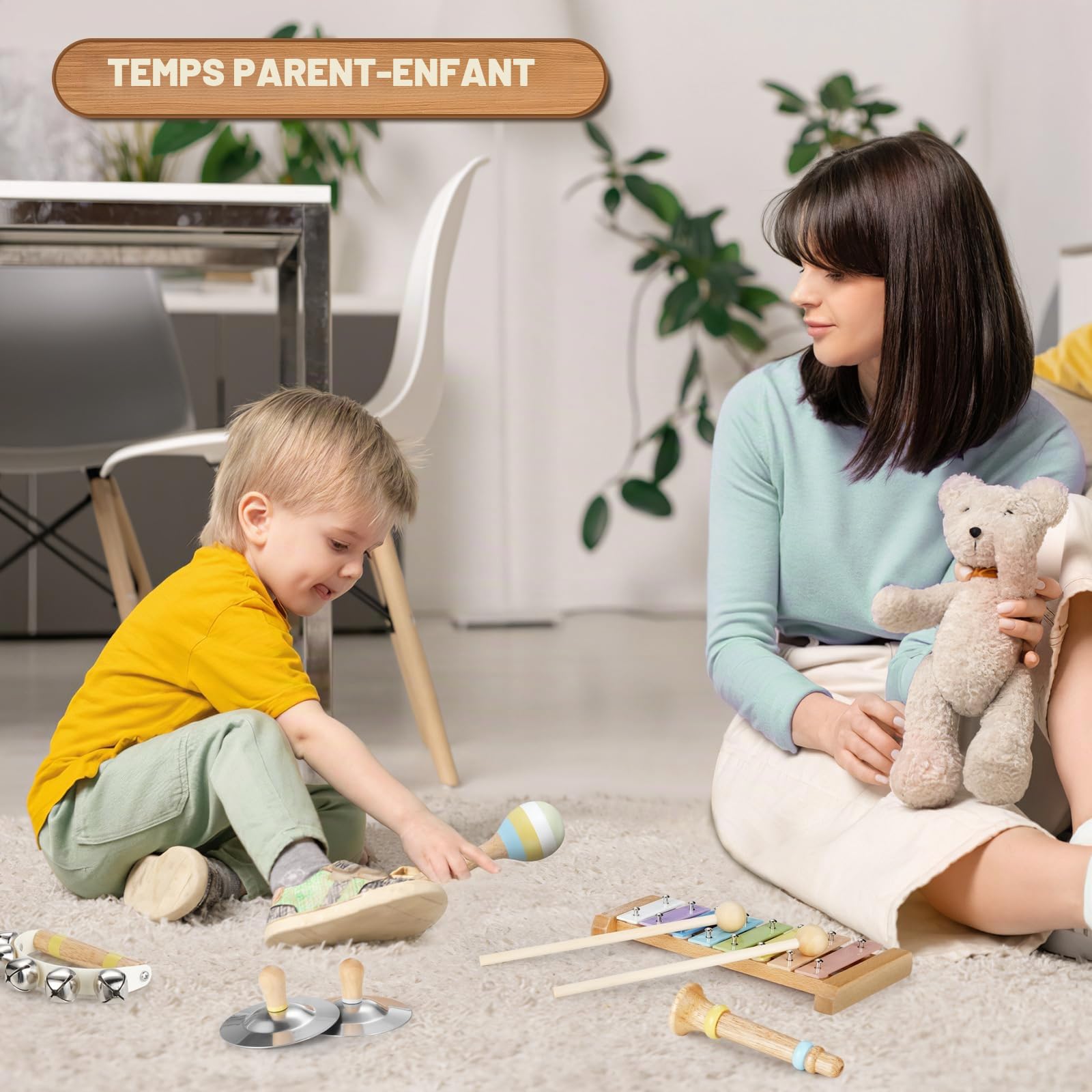 POGOLAB Instruments de Musique pour Enfant, Jouet en Bois Musicaux Montessori, Cadeau Garçons Filles 3, 4, 5 Ans, Instruments de Percussion avec Xylophone Tambour Maracas