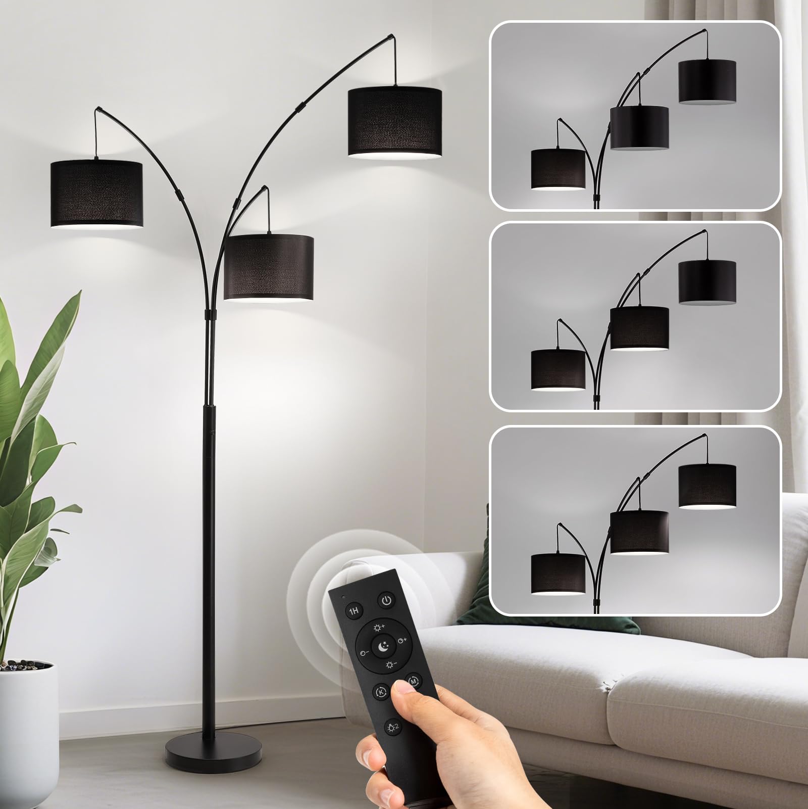 Floor lamp with Remote, 3 Light Arc Floor Lamps for Living Room, 2400LM Tall Standing Floor Lamps with Black Shades, 80" Large Floor Lamp for Bedroom, Office