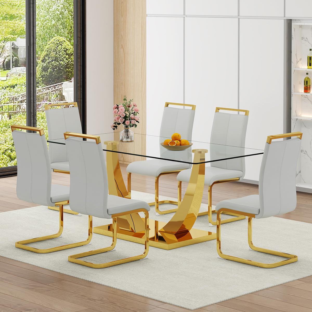 NYEESS 71” Glass Dining Table Set for 6,Gold Dining Room Table Set for 6,Modern Kitchen Table and PU Leather Chairs for 6, Dinner Table with Rectangle