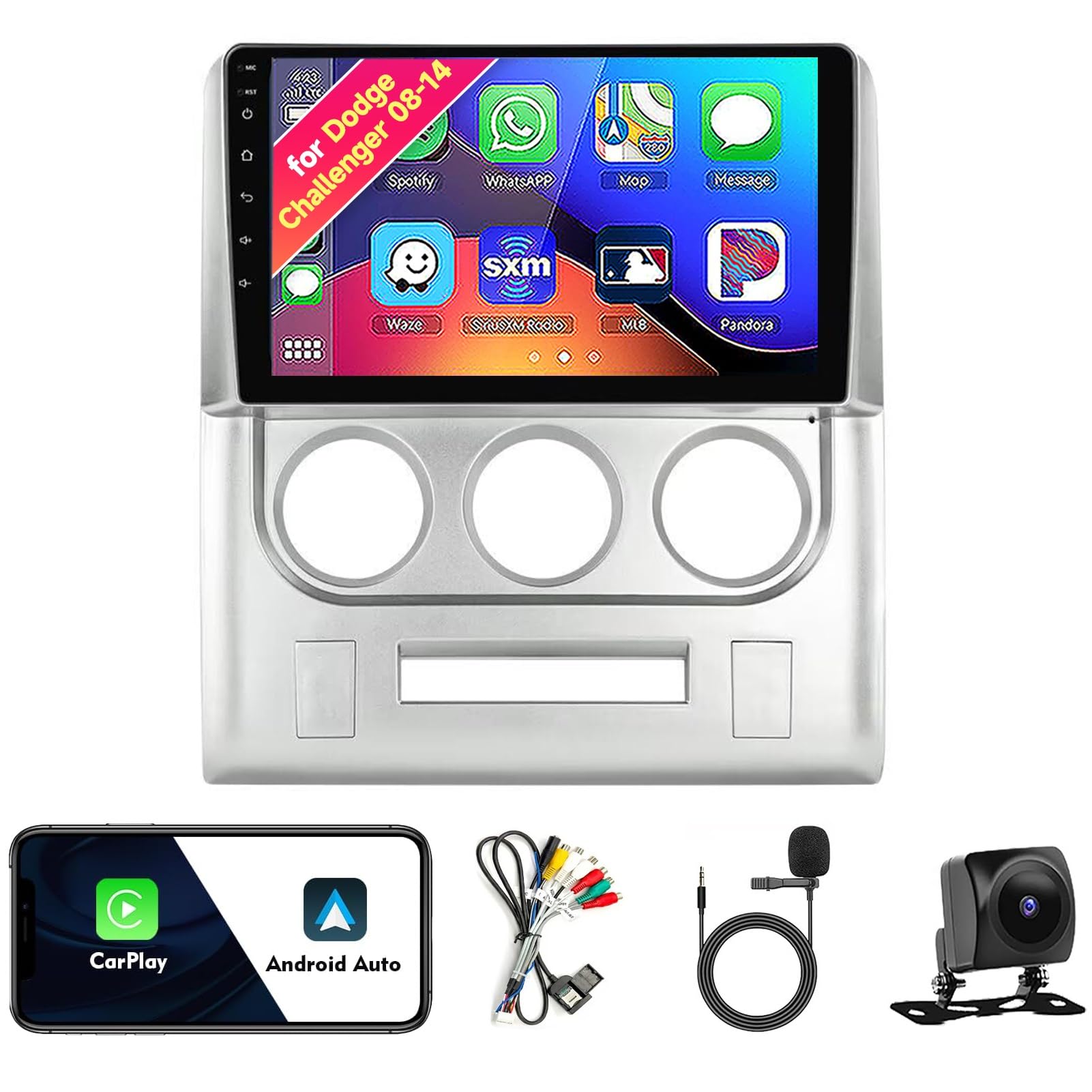 Car Radio Stereo for Dodge Challenger 2008-2014, Android 13, 9" IPS Touch Screen Upgrade Replacement with CarPlay & Android Auto, GPS Navigation DSP SWC 5G WiFi Camera(Silver,8Core 8+256GB)