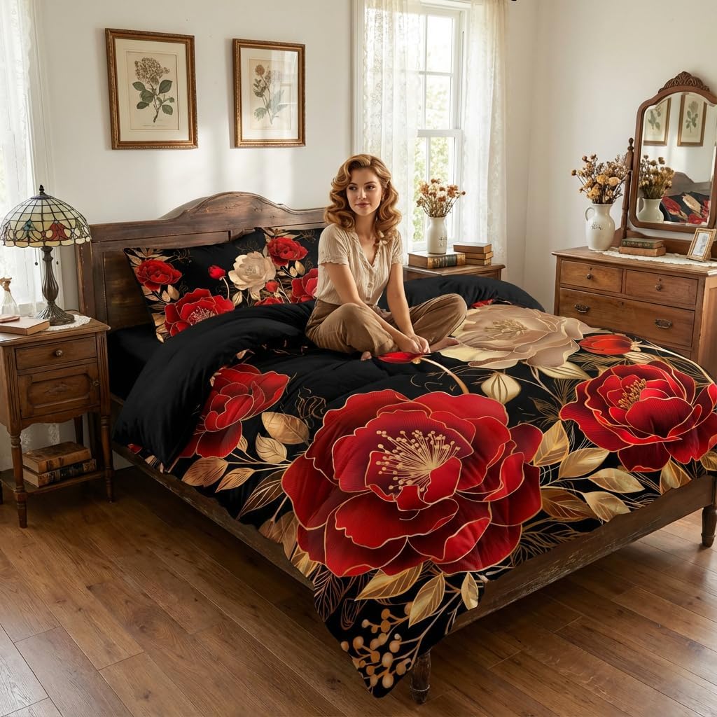 Vintage Floral Comforter Set Queen Size, Black Red Luxurious Penoy Bedding with Golden Leaves for Adult Women, 3Pieces Soft Microfiber Quilted Set with 2 Pillowcase, 90“x90