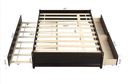 Miniatura 8 de Polibi Cama de plataforma de almacenamiento, cama de plataforma de madera de tamaño matrimonial con nido de tamaño individual y dos cajones de