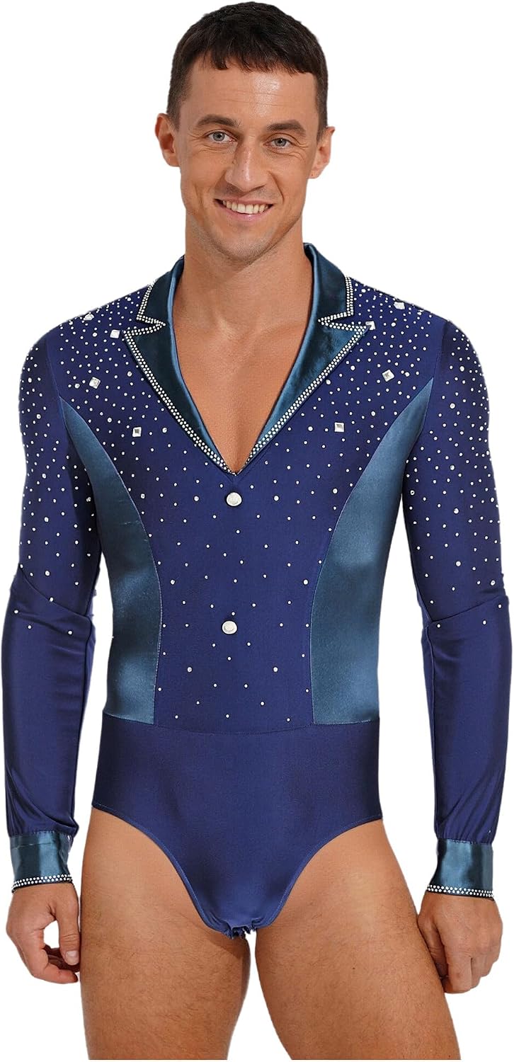 Mens Long Sleeve Latin Dance Shirt Tops Figure Skating Bodysuit Tango Cha-cha Ballet Dancewear