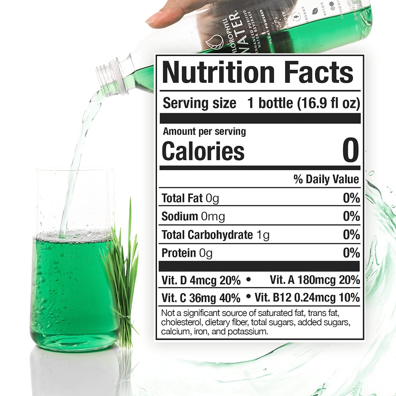 Chlorophyll Water (6-pack) Certified Clean Label, Chlorophyll Liquid Drops in Purified Water, Beauty Drink for Glowing Skin, Anti-Aging & Natural Detox with Plant-Based Vitamins A, B12, C, D3 (16.9oz)