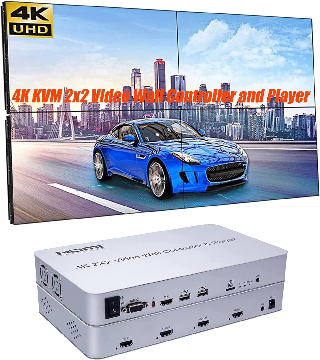 4K 2x2 Video Wall Controller USB+HDMI Input Output with Media Player SD Card Insert and Play Audio Separation HDMI Matrix Processor 180 Degree Rotate 8 Display Modes