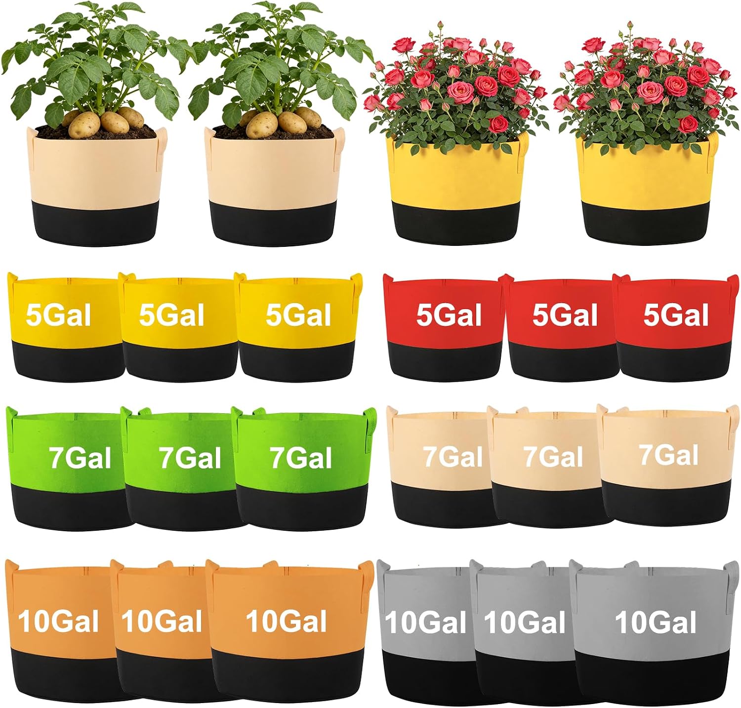 18 Pack Grow Bags, Heavy Duty Fabric Pots Nonwoven Potato Grow Bags with Sturdy Handles & Reinforced Stitching, Breathable Vegetable Flower Plant Growing Containers (5/7/10 Gallon)