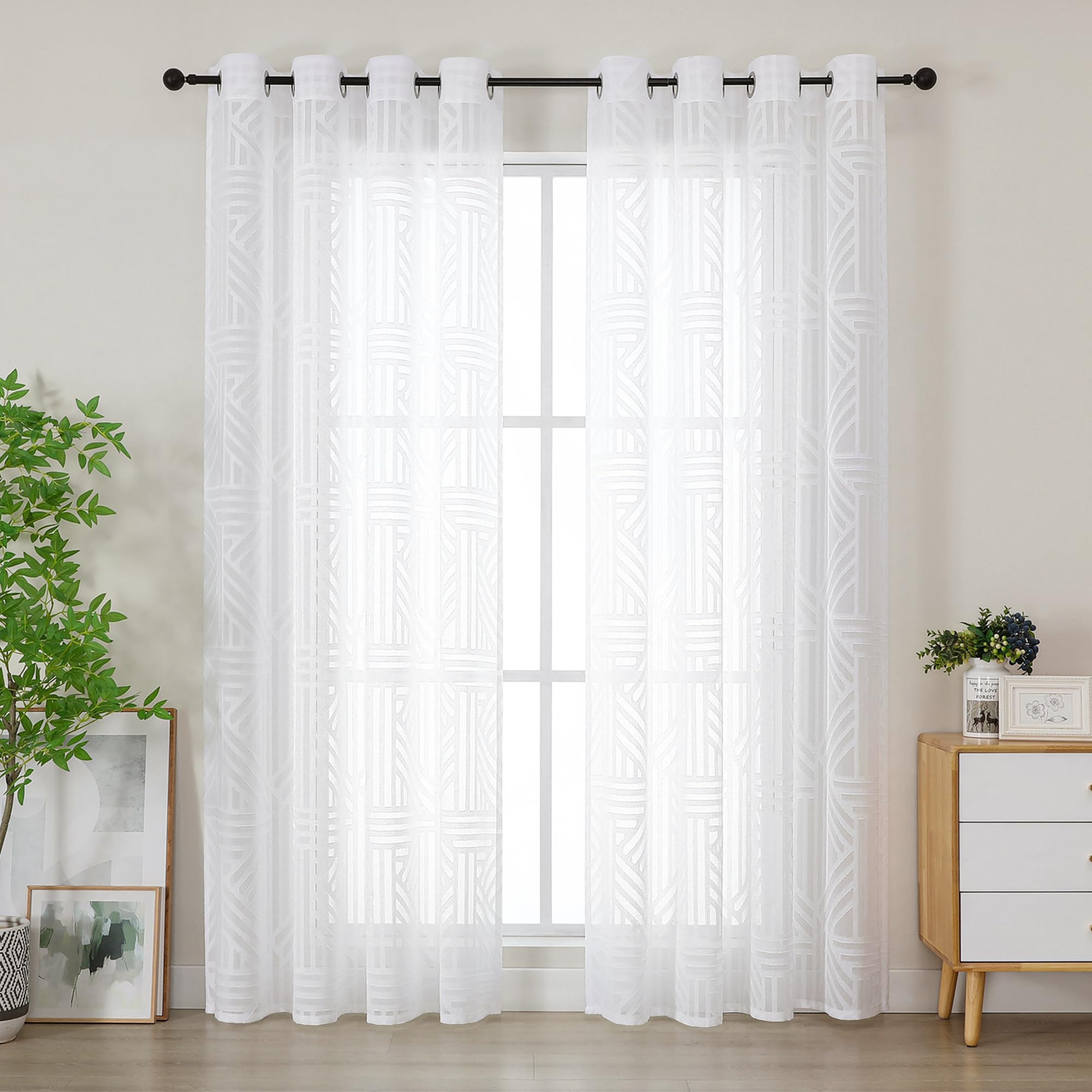 Simplebrand White Sheer Curtains 140x200cm 2 Panels for Living Room, Light Filtering Geometric Jacquard Clip Textured Eyelet Semi Sheer Curtains for Front Back Patio Glass Door