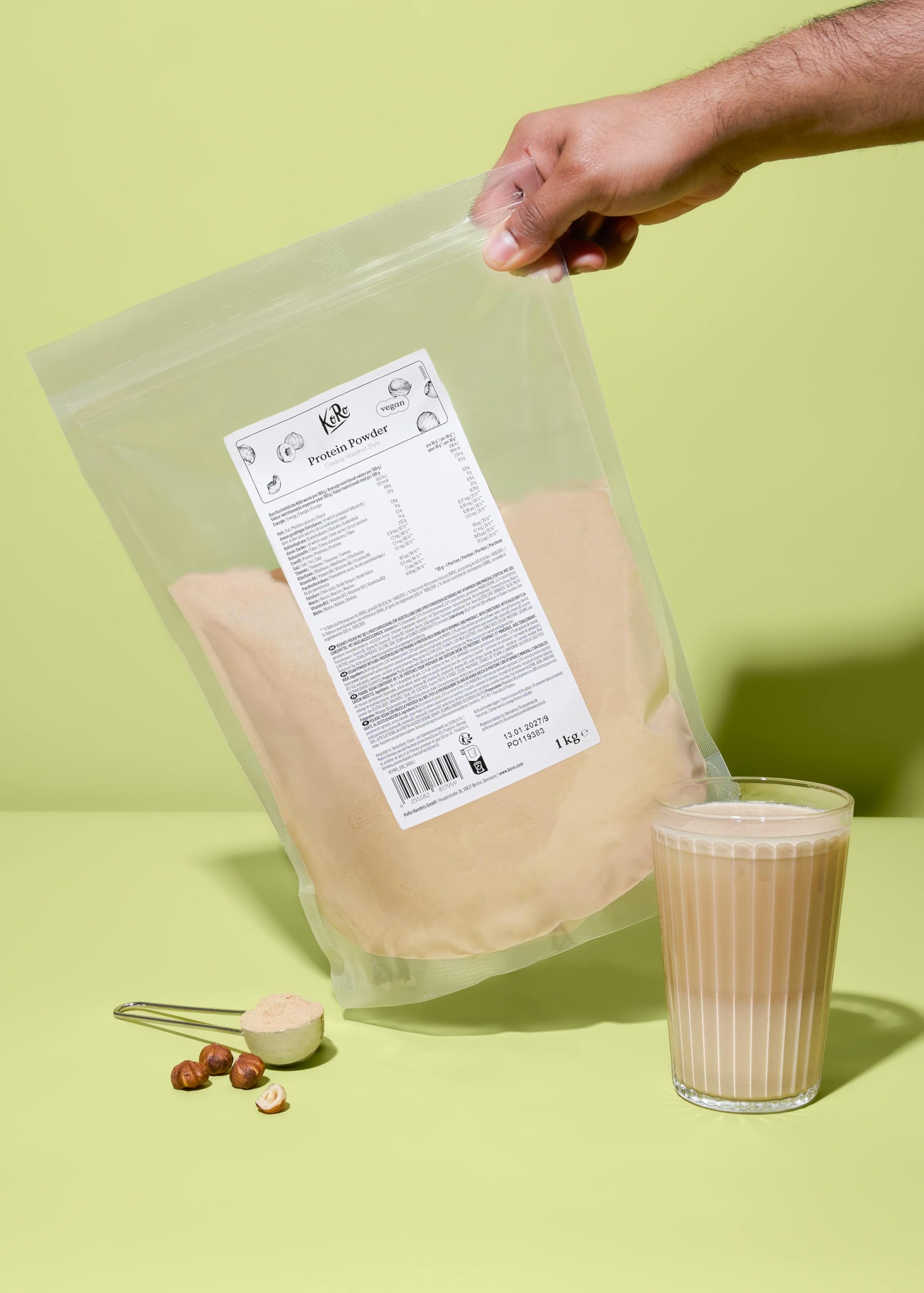 KoRo - Protéine en poudre vegan à la noisette 1 kg - 22,8 g de protéines par portion - Sans soja - Texture crémeuse et facile à mélanger