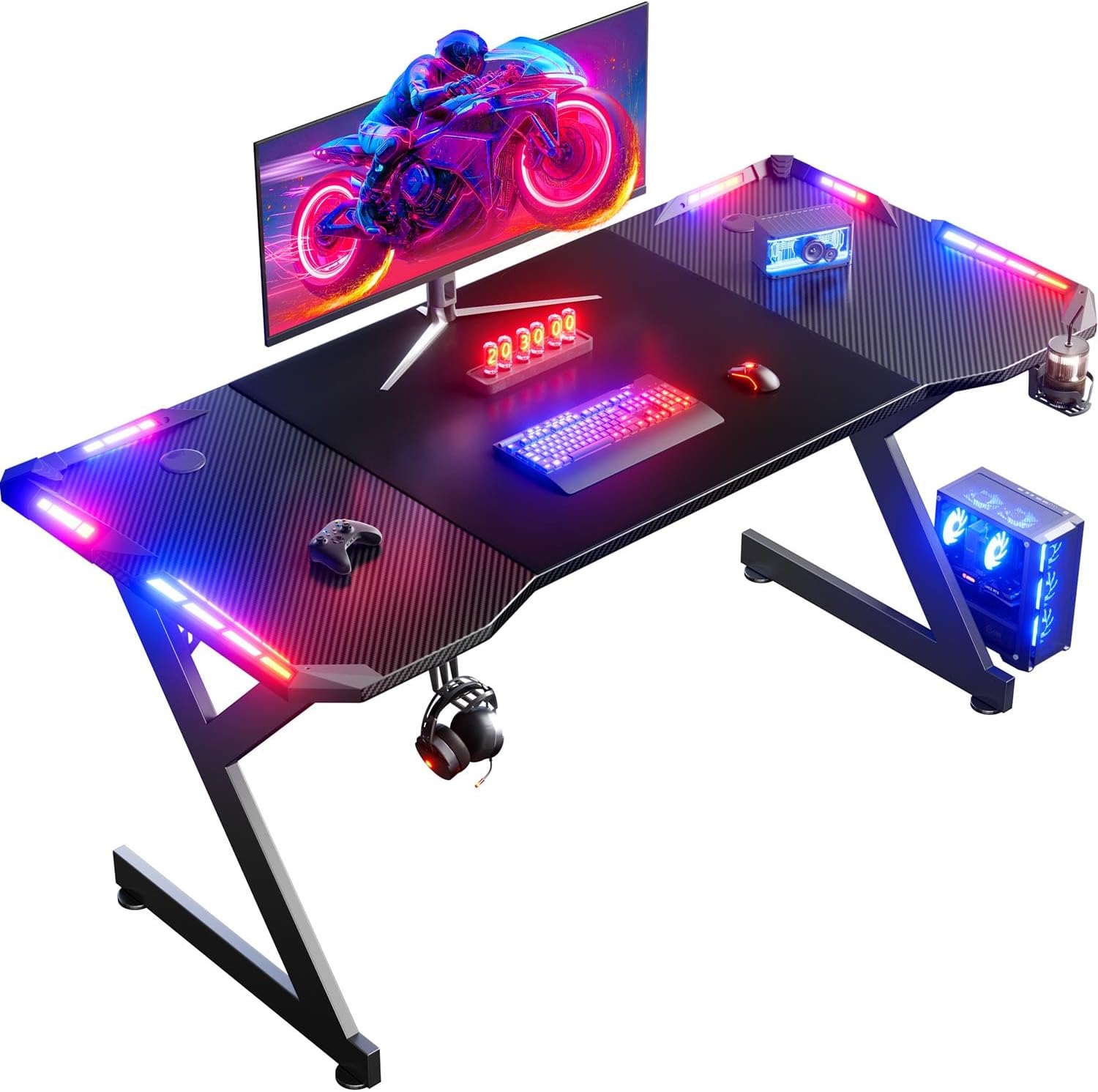 HLDIRECT 63 INCH Gaming Desk with LED Lights, Home Office Gamer Desk, Ergonomic Computer Table with Large Carbon Fiber Desktop, Office Workstation with Mouse Pad, Cup Holder & Headphone Hook, Black