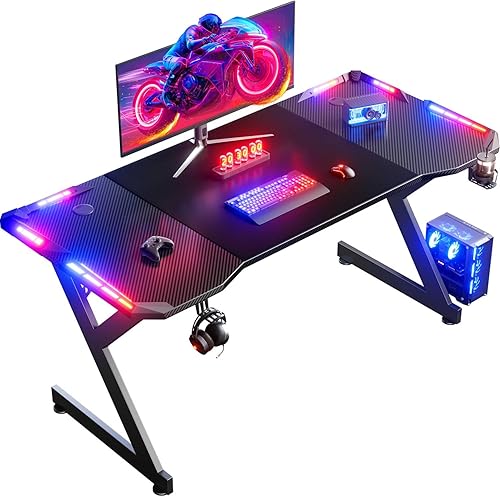 Miniatura 8 de HLDIRECT Escritorio para juegos de 55 pulgadas con luces LED, mesa ergonómica para juegos de computadora con superficie de fibra de carbono,