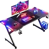 63 INCH Gaming Desk with LED Lights, Home Office Gamer Desk, Ergonomic Computer Table with Large Carbon Fiber Desktop, Office Workstation with Mouse Pad, Cup Holder & Headphone Hook, Black