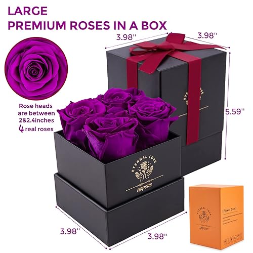 Miniatura 8 de Impouo Rosas preservadas rosa radiante+púrpura+blanco, flores para entrega Prime - Rosas en una caja - Rosas reales que duran un año - Flores