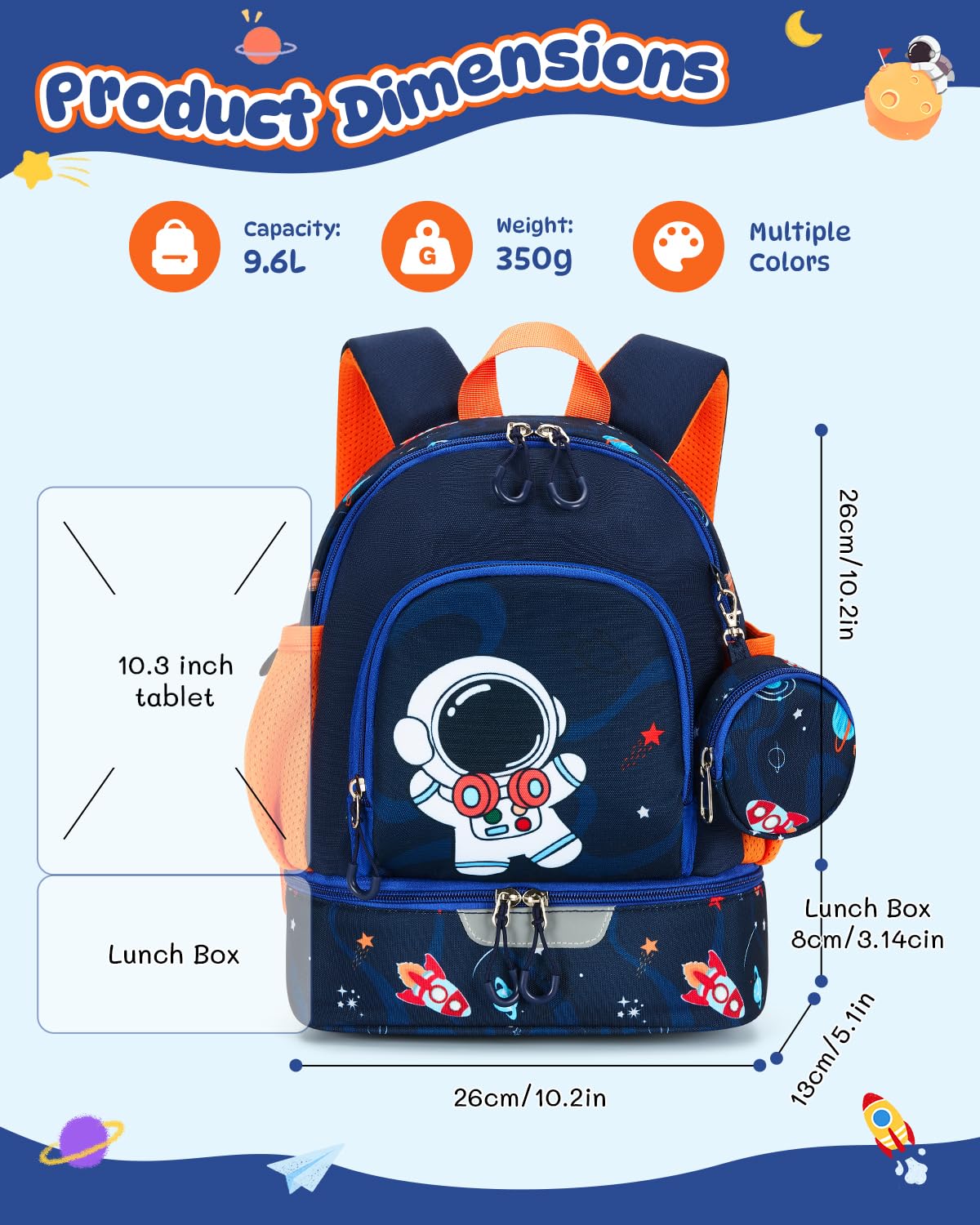 PROTAURI Zainetto Asilo Bambino con Cinturino Toracico, Zaino Bimba Asilo Riflettente con Scomparto Isolato & Portamonete, Zaino Asilo Nido Impermeabile per 2-6 Anni, 11.5L, Astronauta