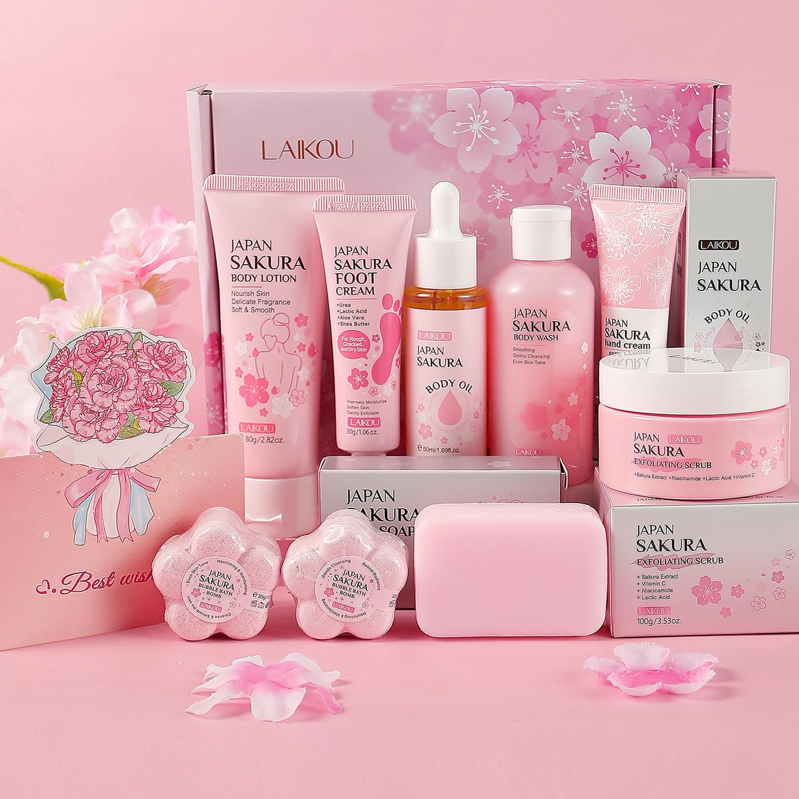 Sakura Bath Gift Set, Pamper Gifts for Women, Body Lotion Body Wash Scrub Hand Cream and More, Unique Self Care Package, Mothers Day Christmas Birthday Gift Ideas for Her Friend Sister Mum Wife