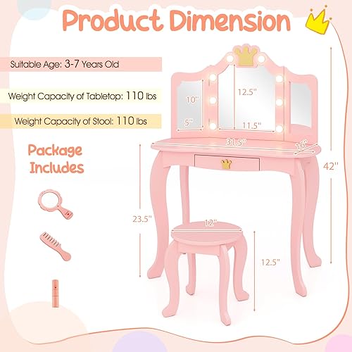 Miniatura 42 de Costzon Juego de mesa y silla para niños, tocador de maquillaje de princesa con cajón y espejo de tres pliegues, juego de tocador 2 en 1 con parte
