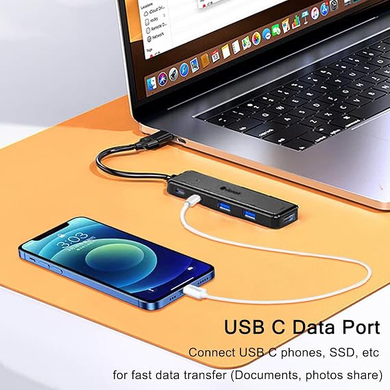 VIENON USB 3.0 Hub (5 in 1), USB C Hub, USB C to USB 3.0 Hub Adapter with USB C Power/Data Ports, USB Extender USB A&C Docking Station for Laptop PC MacBook Dell, HP, PS4/5, SSD and More
