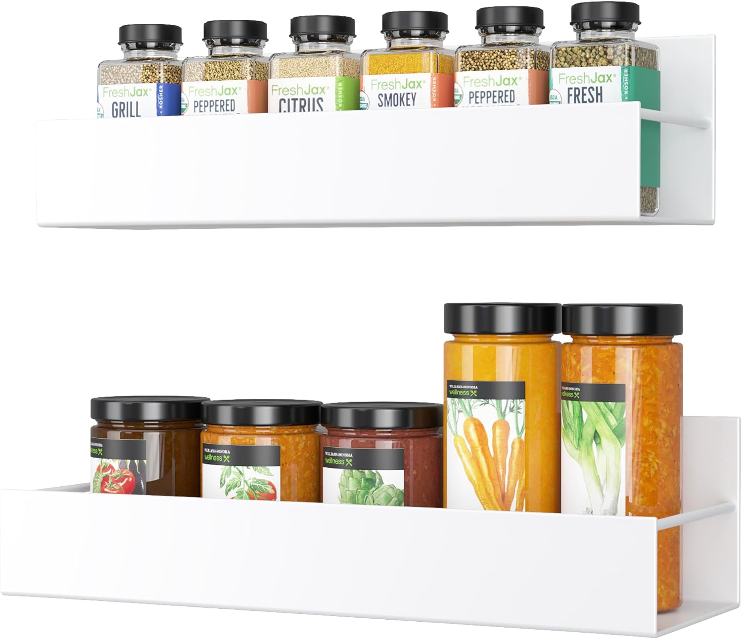 2 Pack Magnetic Spice Rack for Refrigerator, Moveable Seasoning Spice Organizer for Fridge and Microwave Oven, Strong Magnet Metal White Shelves for Kitchen Storage Organization - White White 2