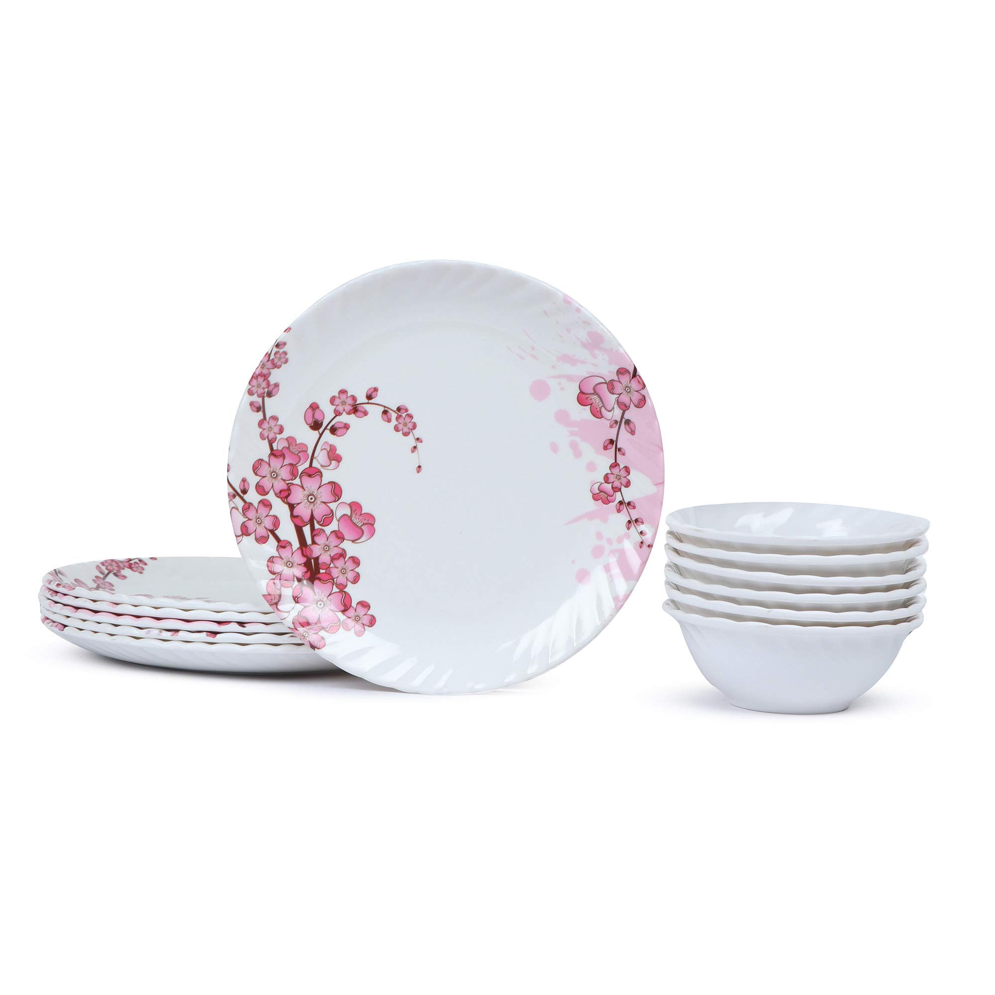 Golden Fish Marry-Gold Melamine Round Full Dinner Plates & Veg. Bowl (Pack of 12, 11 Inches, Floral Print) (M-FPB-9-12)