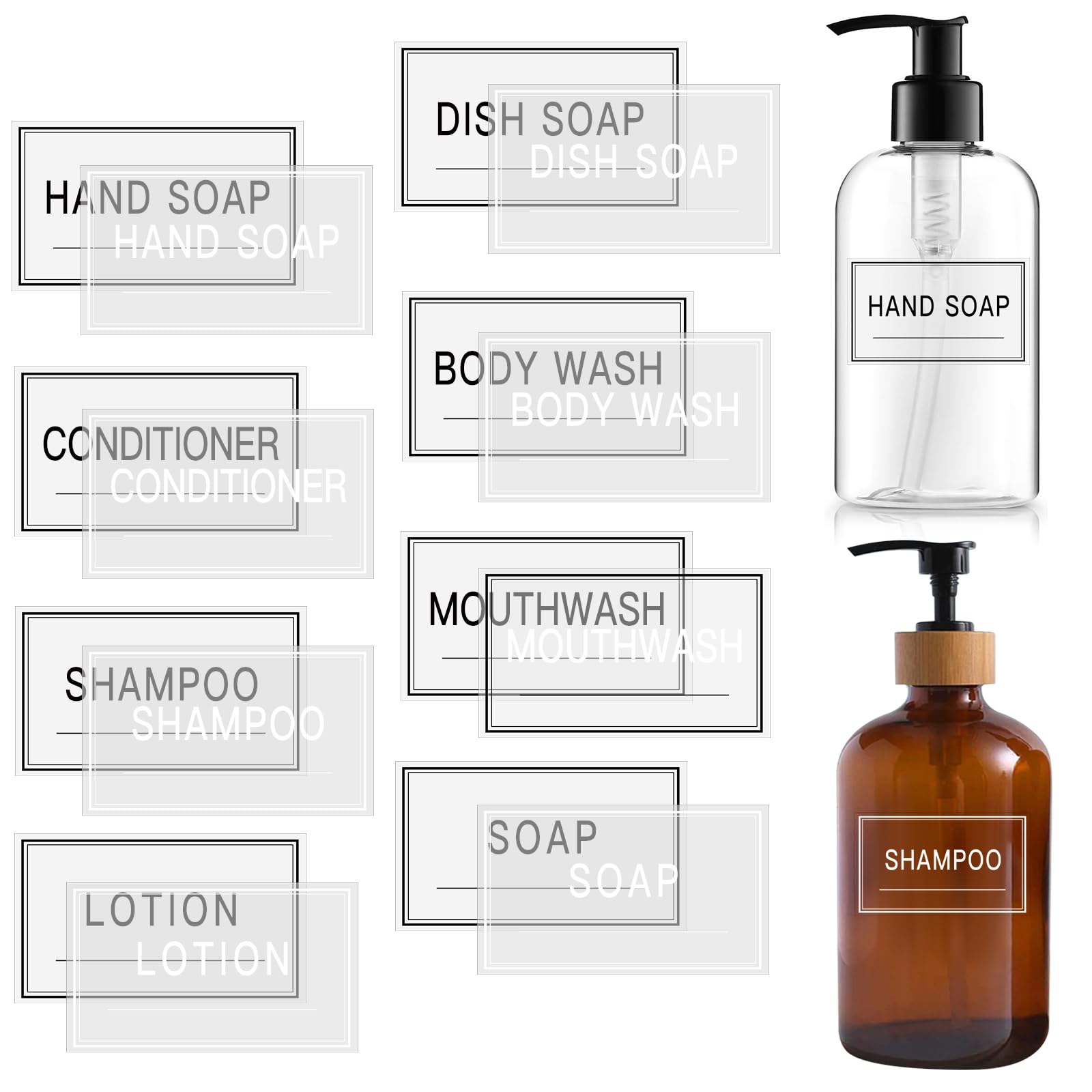 64 PCS Clear Waterproof Labels Variety Pack with White & Black Text, for Dark & Light Bottles, Shampoo, Soap, Lotion, Ultimate Bathroom & Kitchen Organization Stickers