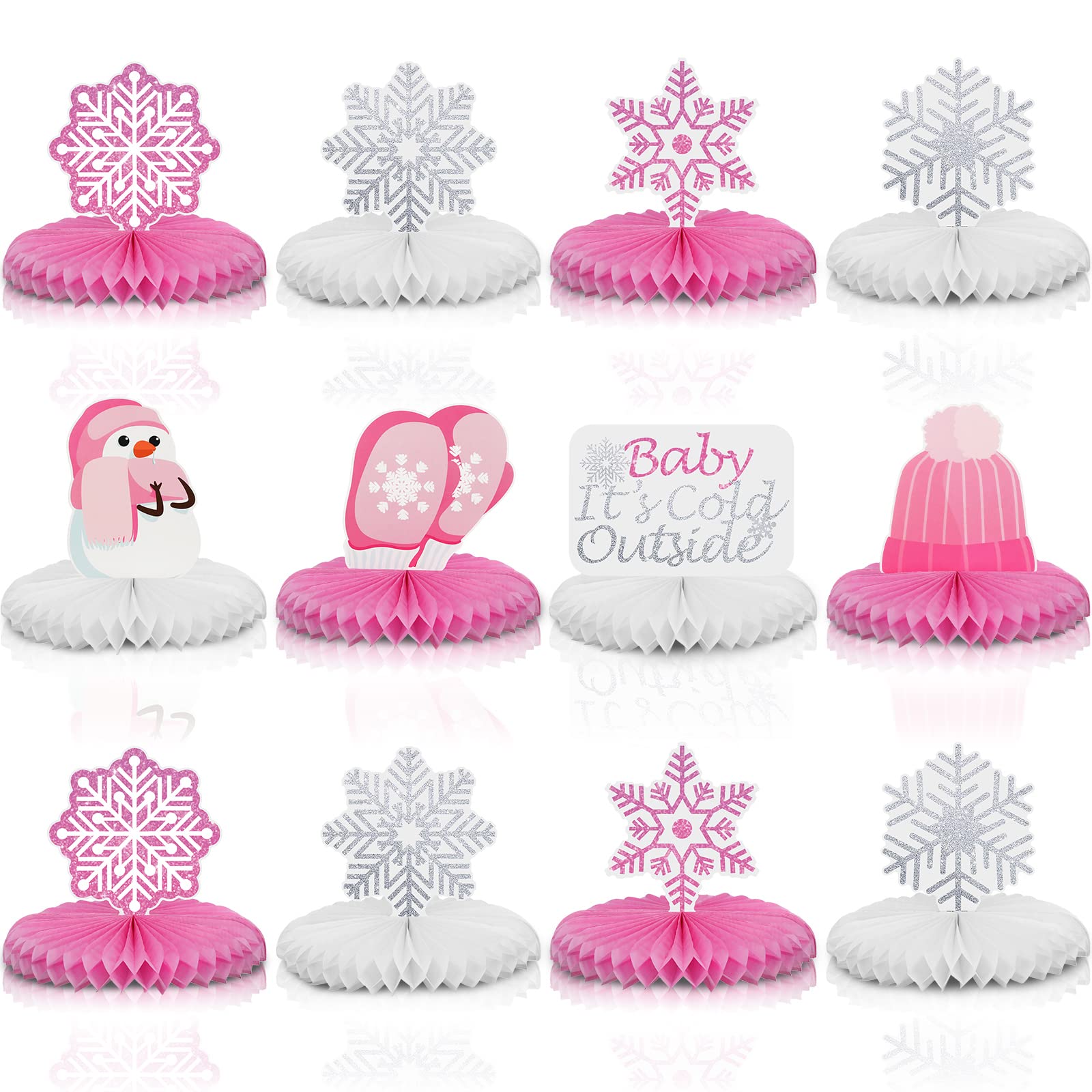 12 Pcs Snowflake Honeycomb Centerpieces for Table Winter Wonderland Christmas Decorations Baby It's Cold Outside Pink Centerpiece Silver Baby Shower Snowflake Party Supplies for Winter Birthday Party