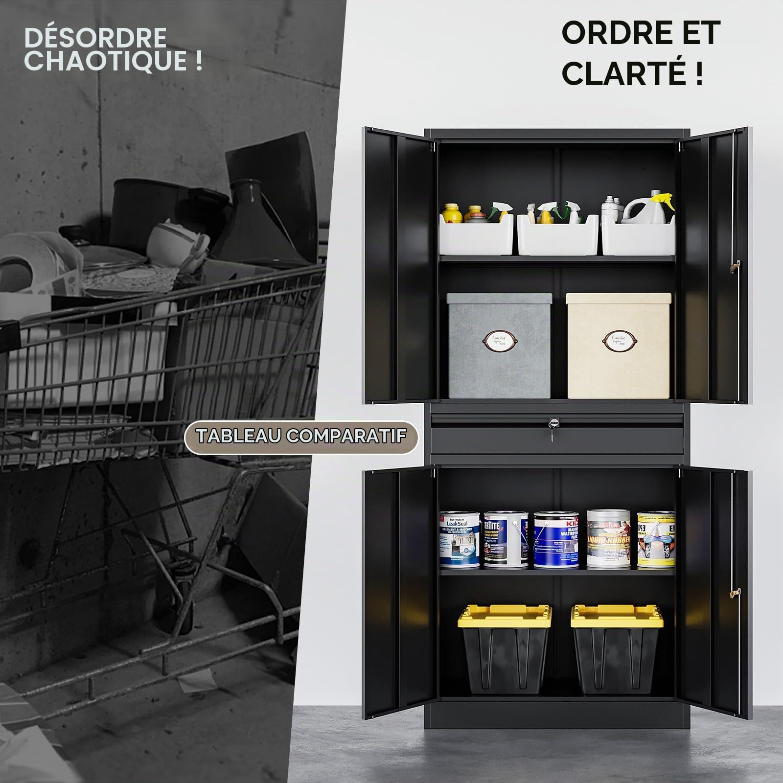 Sightlife Armoire à Outils en métal Armoire Multifonction en Acier avec cloisons réglables verrouillable, revêtement par Poudre 180 x 40 x 80 cm Noir (sans Roues)