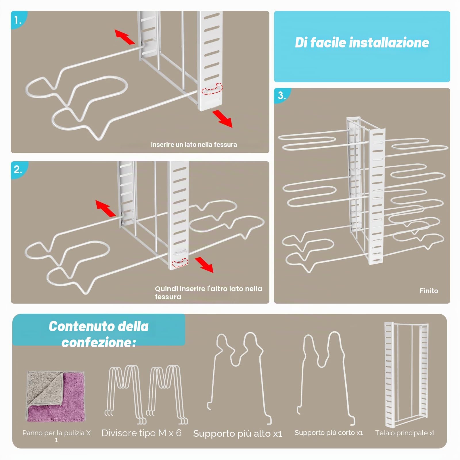 Myiosus Porta coperchio pentole, porta padella con 3 metodi fai da te, organizer per padelle con 8 scomparti regolabili, organizer per vasi per armadi, pentole, coperchi, invia 1 panno per la pulizia,