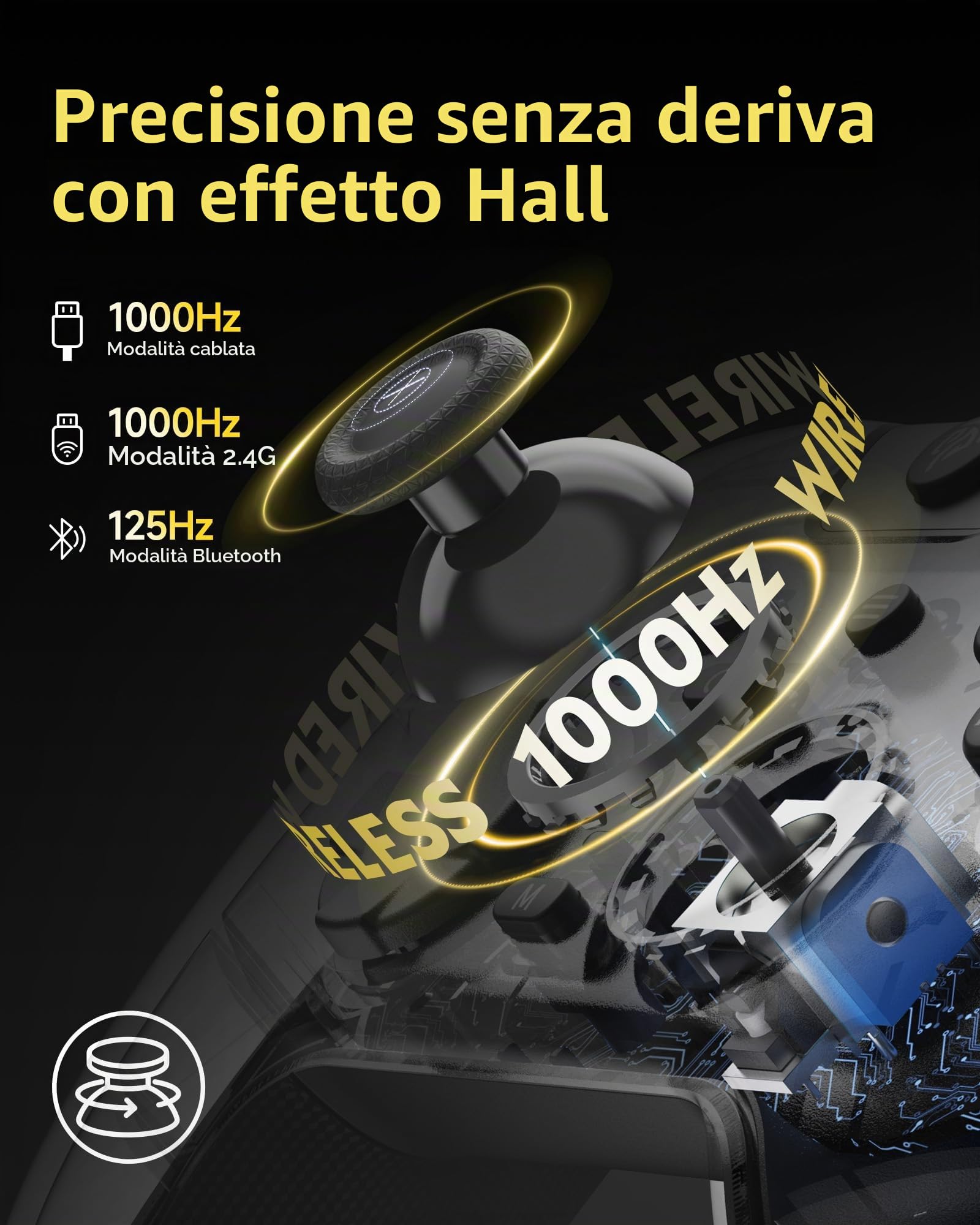 EasySMX X05Pro Controller PC Wireless con Base di Ricarica, 1000Hz, Joystick Hall, Tasti Silenziosi, Grilletti 2 Stadi, D-Pad 8 vie, 1000mAh, 2 Posteriori Programmabili, PC/Switch/Android/iOS – Nero.