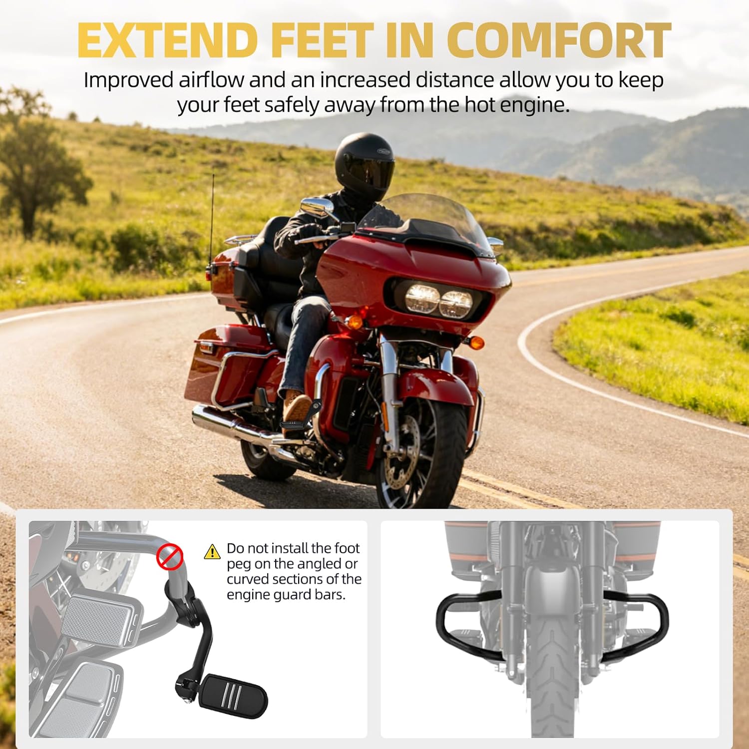 Upgrade Highway Footpegs, 1.25" Motorcycle Highway Pegs Long Angled Adjustable Streamliner Style Fit for Harley Touring Street Glide Electra Glide Road King Softail Dyna Fit 1-1/4" Engine Guard(Black)