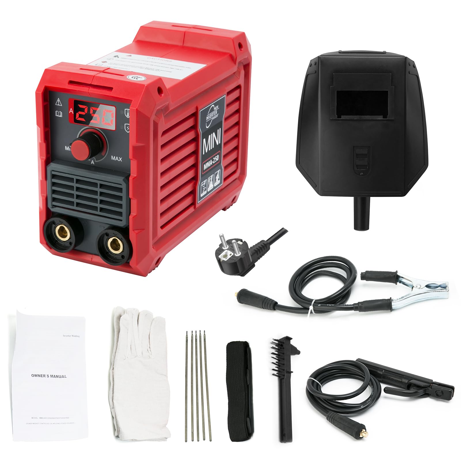 MMA-250 Digitaal elektrolasapparaat, 220 V, intelligent ARC-inverter- lasapparaat met lcd-display, instelbare laskit met elektrodenhouder, werkklem (EU-stekker