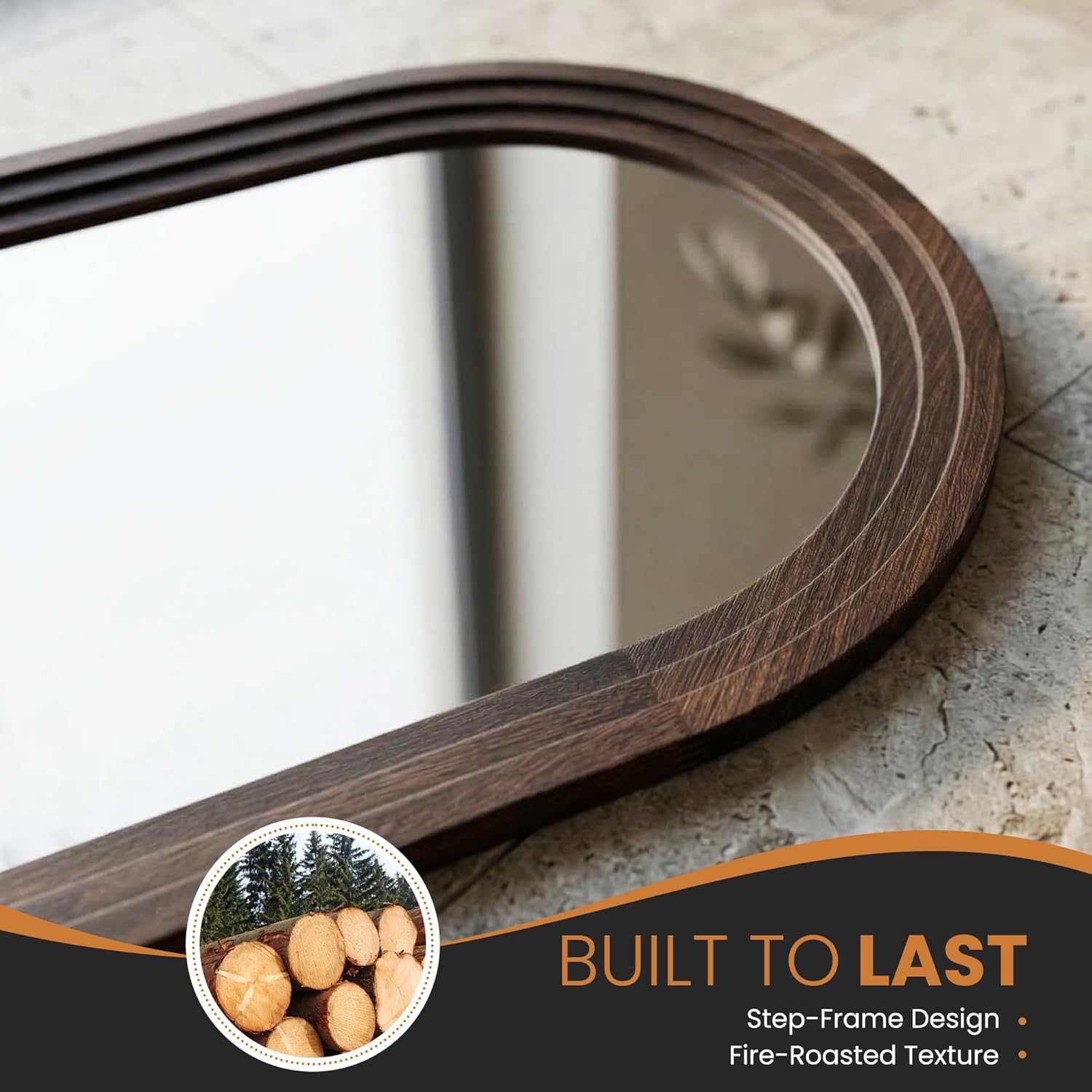 Arched Bathroom Mirror, 38"x26" Brown Wood Frame Wall Mirror, Farmhouse Vintage Vanity Mirror with Layered Frame for Entryway, Living Room, Bedroom