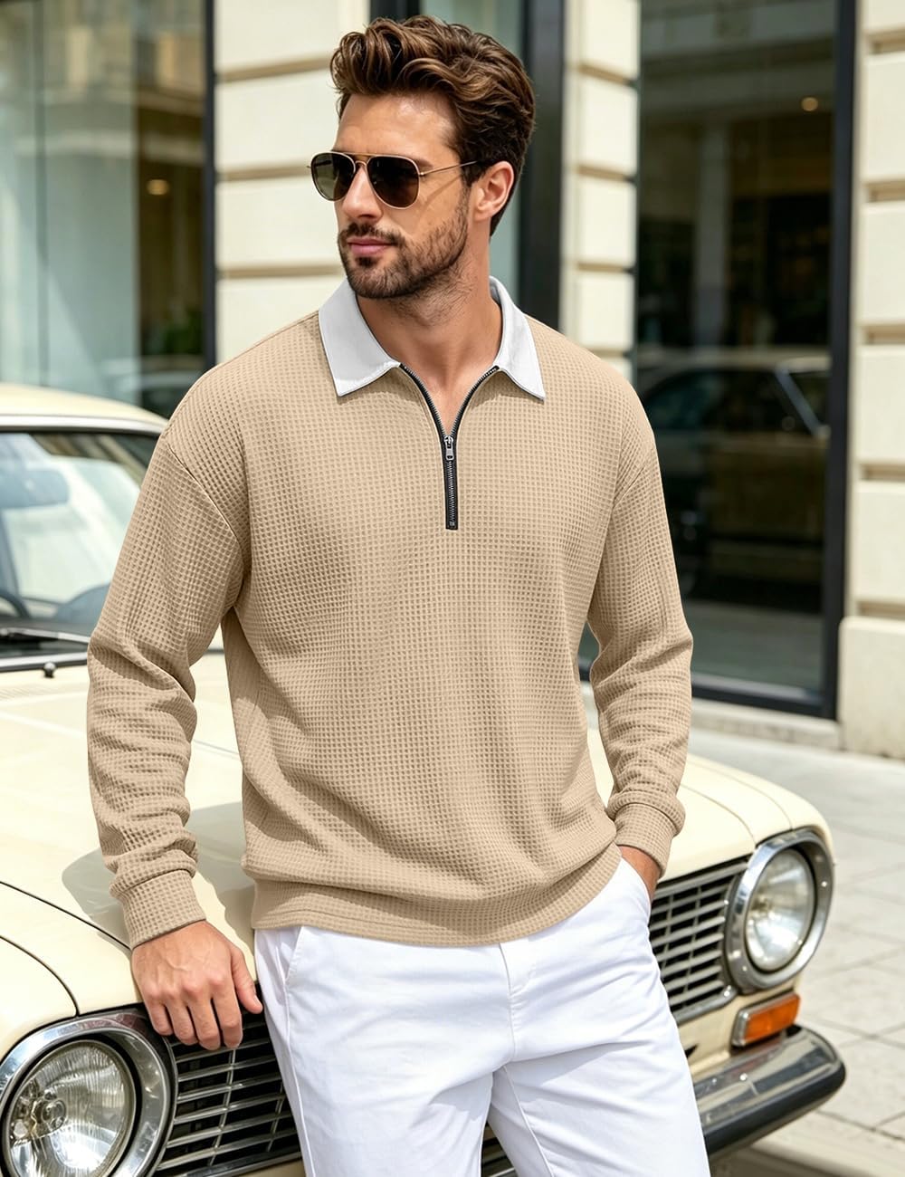 Men's Quarter Zipper Polo Shirts Long Sleeve T-Shirts Collared Casual Pullover Outdoor Waffle Sweatshirts