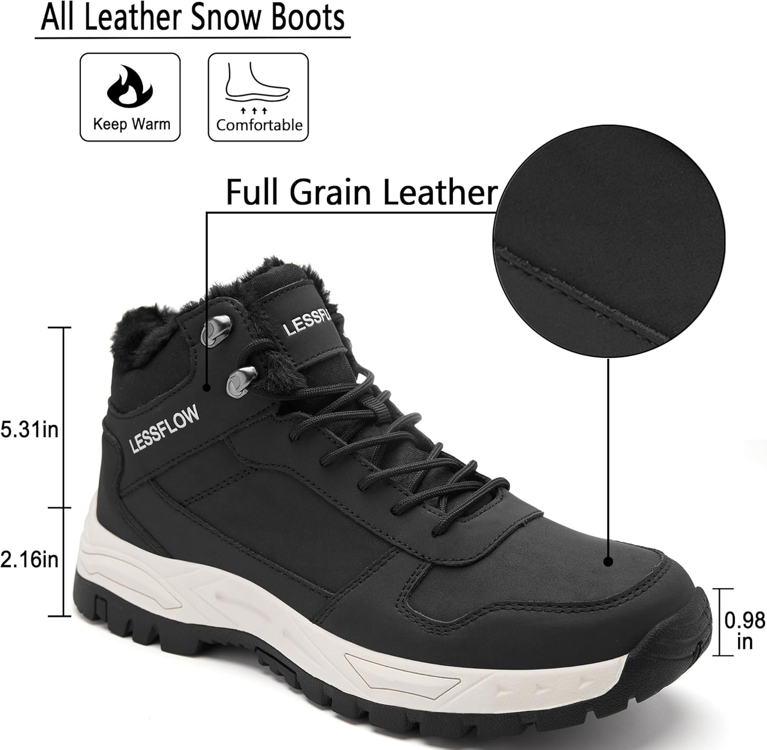 Mens Winter Snow Boots Warm Fur Lined Hiking Boots Anti-Slip Walking Ankle boots Leather Outdoor Shoes 11.5 Black image 2 of 6 B0DG25JTKM