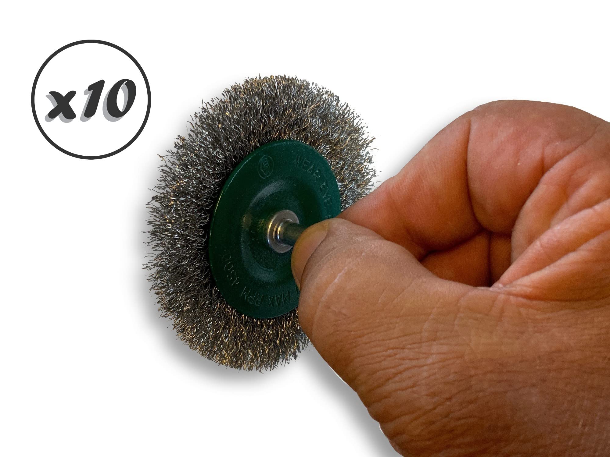 Zestaw 10 metalowych okrągłych szczotek obrotowych na pręcie Ø 75 mm | Drut ze stali nierdzewnej Ø 0,20 mm | Grubość 8 mm | 1 rząd | Do wiertarki lub wkrętarki z uchwytem | Kibros 2675IV8x10
