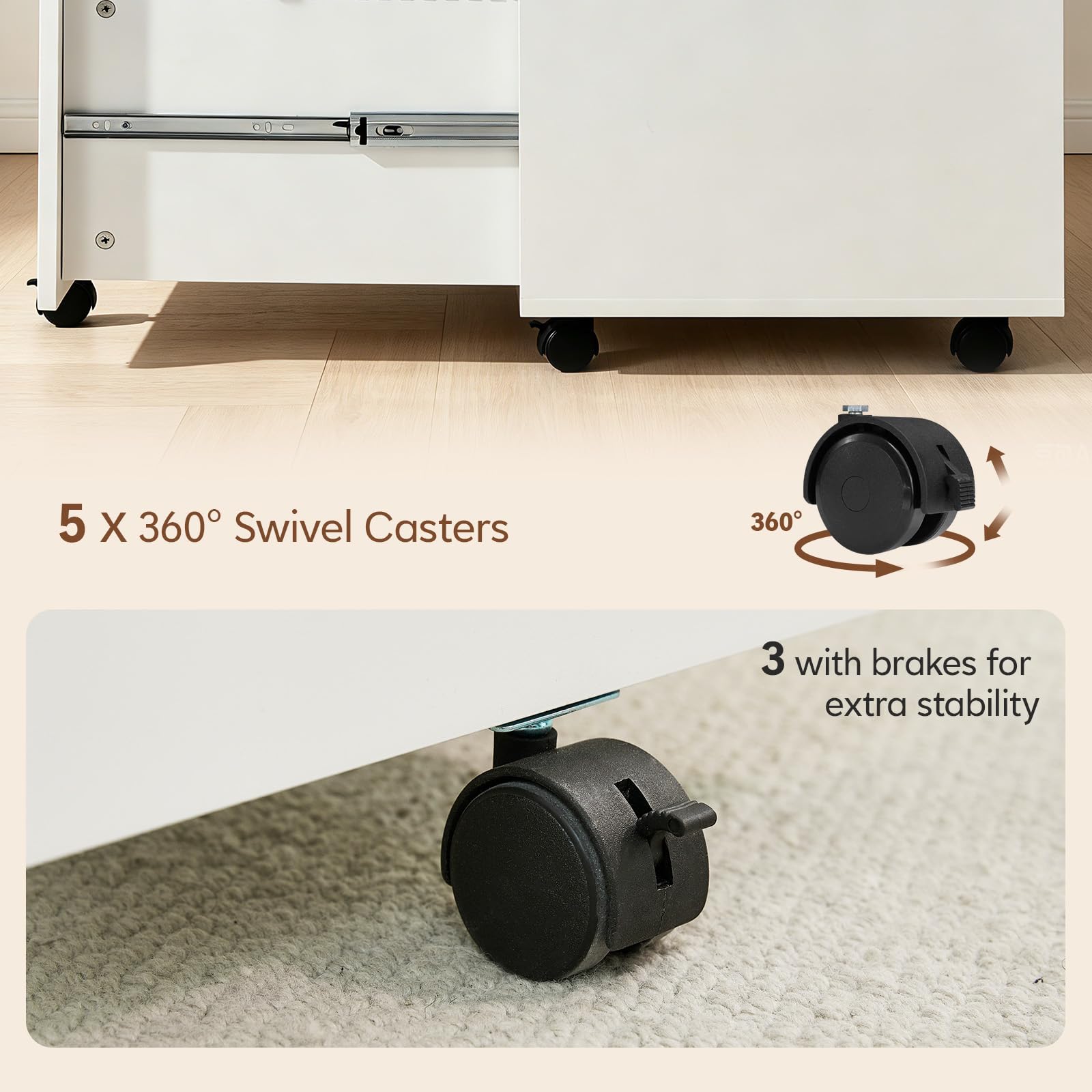 TUKAILAi 3 Drawer Lockable Filing Cabinet on Wheels for Hanging A4 Files, C-white, 45x30x60cm - Image 5