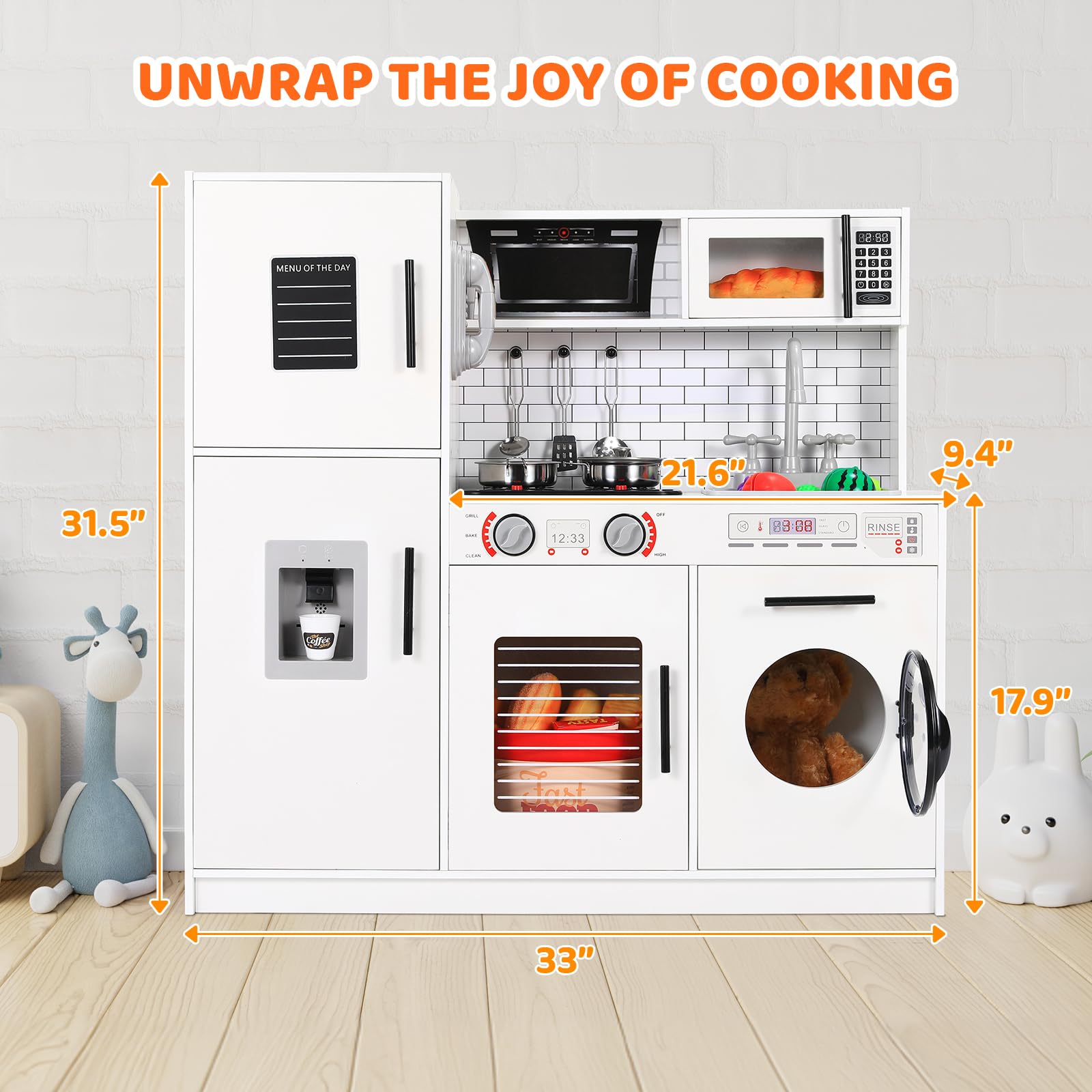 MAMIZO Play Kitchen for Kids, Wooden Chef Pretend Toy Kitchen w/Washing Machine, Water Dispenser, Stove, Real Sound & Light, Telephone, Range Hood, Oven, Sink for Toddler Preschooler Age 3+ (White)