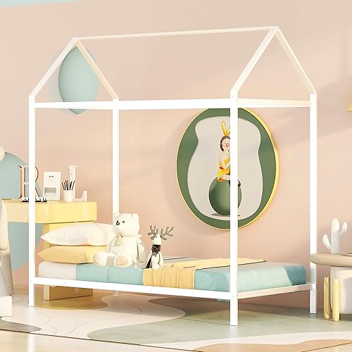 Miniatura 19 de CITYLIGHT Cama individual de metal para niños, cama Montessori individual con techo, marco de cama de suelo para niñas, muebles de dormitorio de